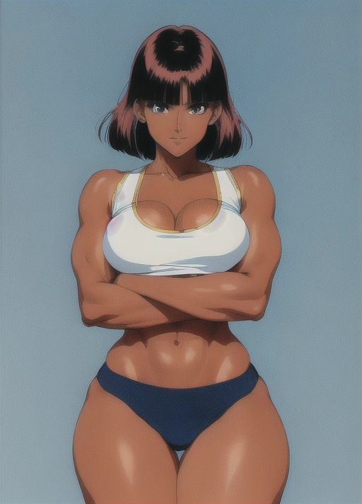 (((90s anime art style))),(masterpiece), absurdres, smooth, soft lines, soft edges, perfect edges, (soft lighting), (soft glow), perfect anatomy, detailed background, hair with great details, perfect eyes, perfect face, (looking at viewer),
lip gloss, smiling, ((flushed cheeks)), erotic, sensual,((office background)), hand on hip
((Long bowl cut)), black hair, thick thighs, wide hips, small breasts, ((dark skin)), ((extremely dark skin color)), tall slim athletic build, athletic, sports bra, ((((thick arms)))), ((muscular arms)),