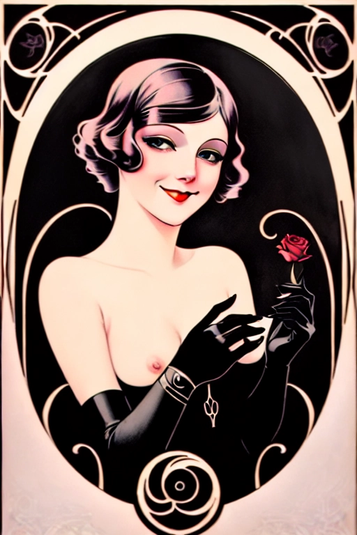 ((((Erotic art Art nouveau 1920s futuristic full color lithograph illustration)))), ((full color)), extreme closeup pov lower lip, sniffing a black rose, gorgeous young nude redhead woman, completely naked, beautiful face, (sexually aroused smile), ((alluring smile)), (((seductive expression))),((((flirting)))), beautiful eyes, ((((looking at me)))),(((looking into my eyes))),((looking at viewer)), in a rose garden full of black roses,