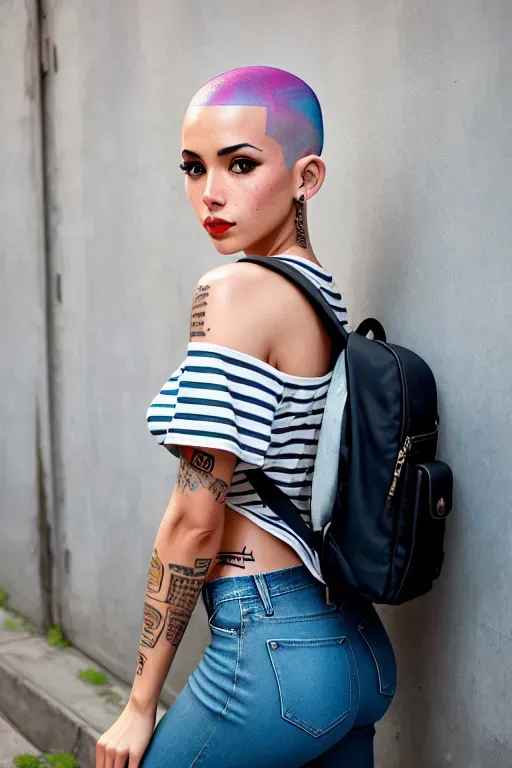 summer punk lady with shaved hair, tatoo, heat wave lighting, stripes loose tshirt, denim jeans, bagpack, skateboard, natural skin texture, slight freckles, graffitti walls in Hanoi, by stanley lau artgerm, greg rutkowskim, norman rockwell, Wlop, muccia, cubism background