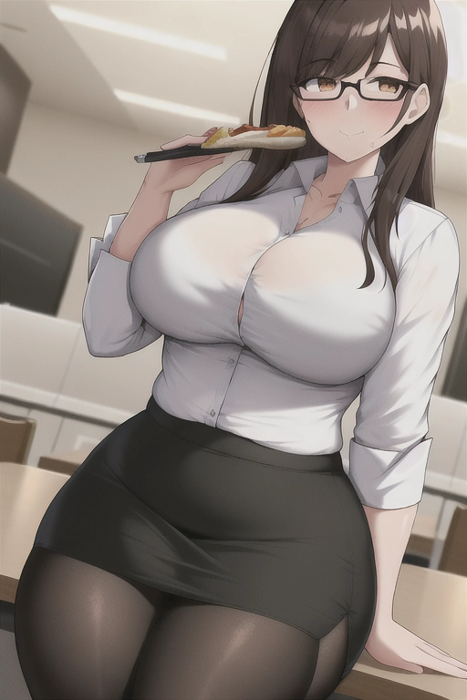 uhd, best quality, 1girl, milf, glasses, white button up shirt, black pencil skirt, tights, plump, fat, lunch time, eating,