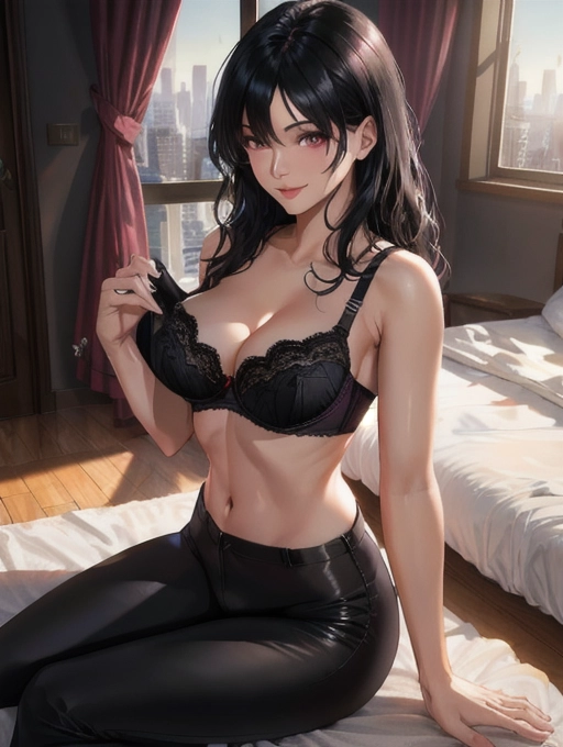 (Best quality, high quality realistic beautiful morning scene in a highrise building), a naked adult woman, (a breathtaking masterpiece of close up portrait of a milf covering self with a towel), (black long pants with lace bra and towel, long black hair with side bang:1.2),
slender and toned, (realistic pink eyes:1.18), (extremely detailed view of realistic face looking at viewer:1.21), beautiful detailed full lips smiling happily, (zoomed in view of thoughtful happy face),
beautiful bedroom with curtains and window of cityscape, (milf in long black pants and bra:1.35), hyperrealistic skin with pores, five slender high quality fingers holding a towel,
Close up portrait with cinematic composition of a naked adult woman covering self with towel, soft focus, sharp and clear image, (flat shading stylised colorful art:1.07), <lora:dpmg_add_detail:0.35>, (physically-based ray tracing, photon mapping, photorealistic:1.35), (high resolution masterpiece, 4K, HDR, UHD:1.45)
