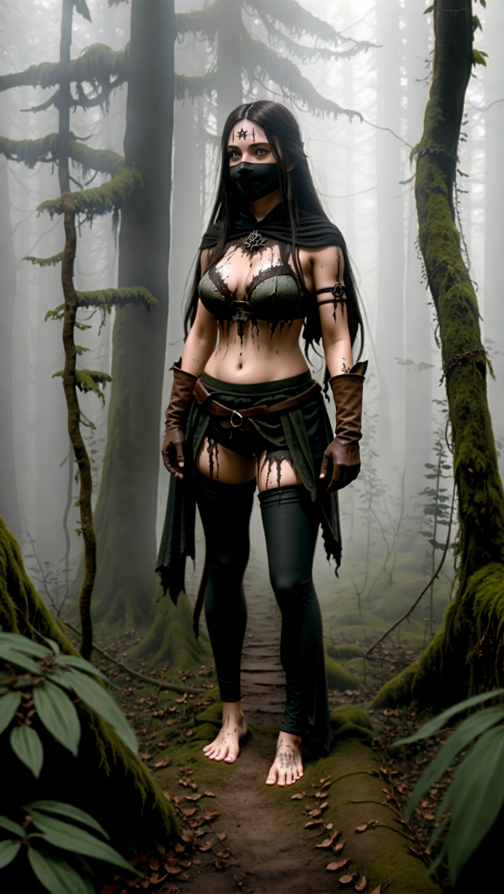 full-body image of a fit tan thin beautiful barefoot German adventurer woman with long hair wearing medieval adventurer attire while exploring a decaying forest, (beautiful petite feminine feet: 1.2), (barefoot: 1.3), (wearing warm black medieval adventurer attire: 1.2), (long dark hair: 1.2), (German woman: 1.3), (cursed foggy dark rotting decaying forest: 1.4), (black toenails: 1.2), (gloves: 1.3), (tights: 1.2), (magic glowing markings on feet: 1.3), (smug smirk: 1.2), (adventurer pants: 1.2),