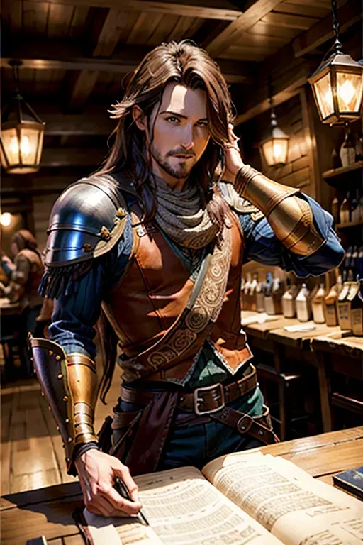 Matt Mercer, Dungeons and Dragons bard, in fantasy tavern, long hair, leather armor