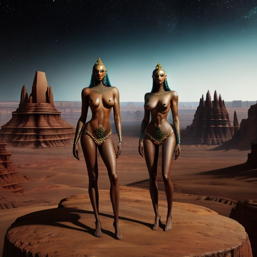 Naked annunaki females standing within an alien landscape