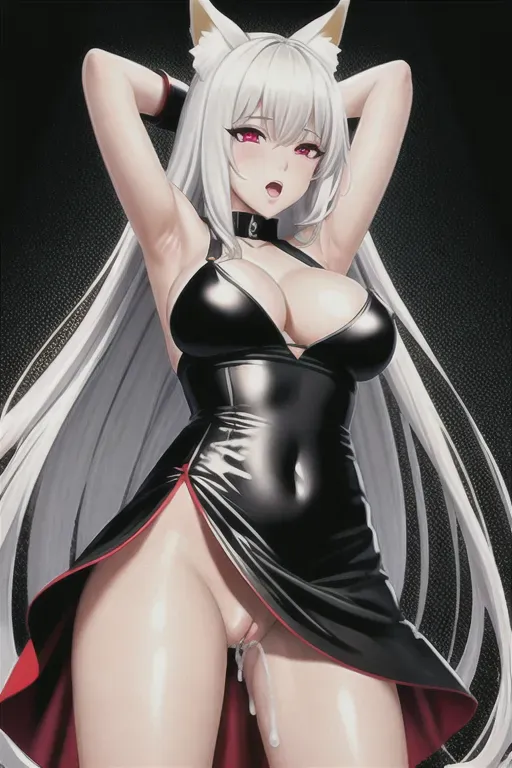 covered in cum, semen, sperm, jizz, cumshot, huge load, extreme amounts of semen, photorealistic semen, wet, thick cum, sticky cum, heavily covered in semen, large breasts, (black dress), no pants, no panties, (ahegao), Fox girl, glowing eyes, red eyes, getting fucked in the ass, bound hands ,hands behind head,very long hair, fingerless gloves,anime girl, skinny,