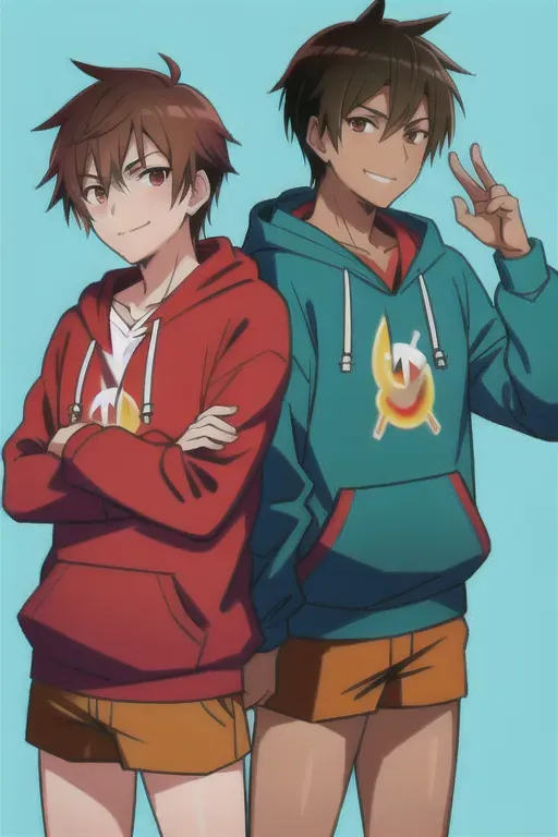 Male, brown hair, red eyes, tan skin, turquoise hoodie, smug, rule 34,