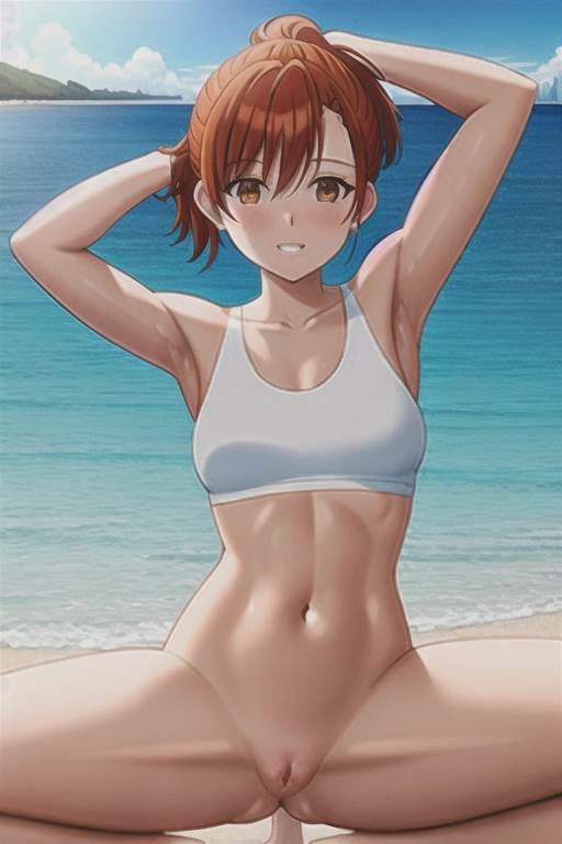 A sporty woman with short orange hair tied in a side ponytail, naked, nude, bare skin, breast exposed, spread legs, pussy exposed. beach and sea in the background.
hight quality