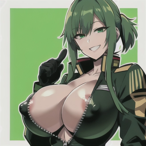 Big tit gundam pilot, green hair, smiling, thumbs up, black flight suit unzipped, hard nipples,