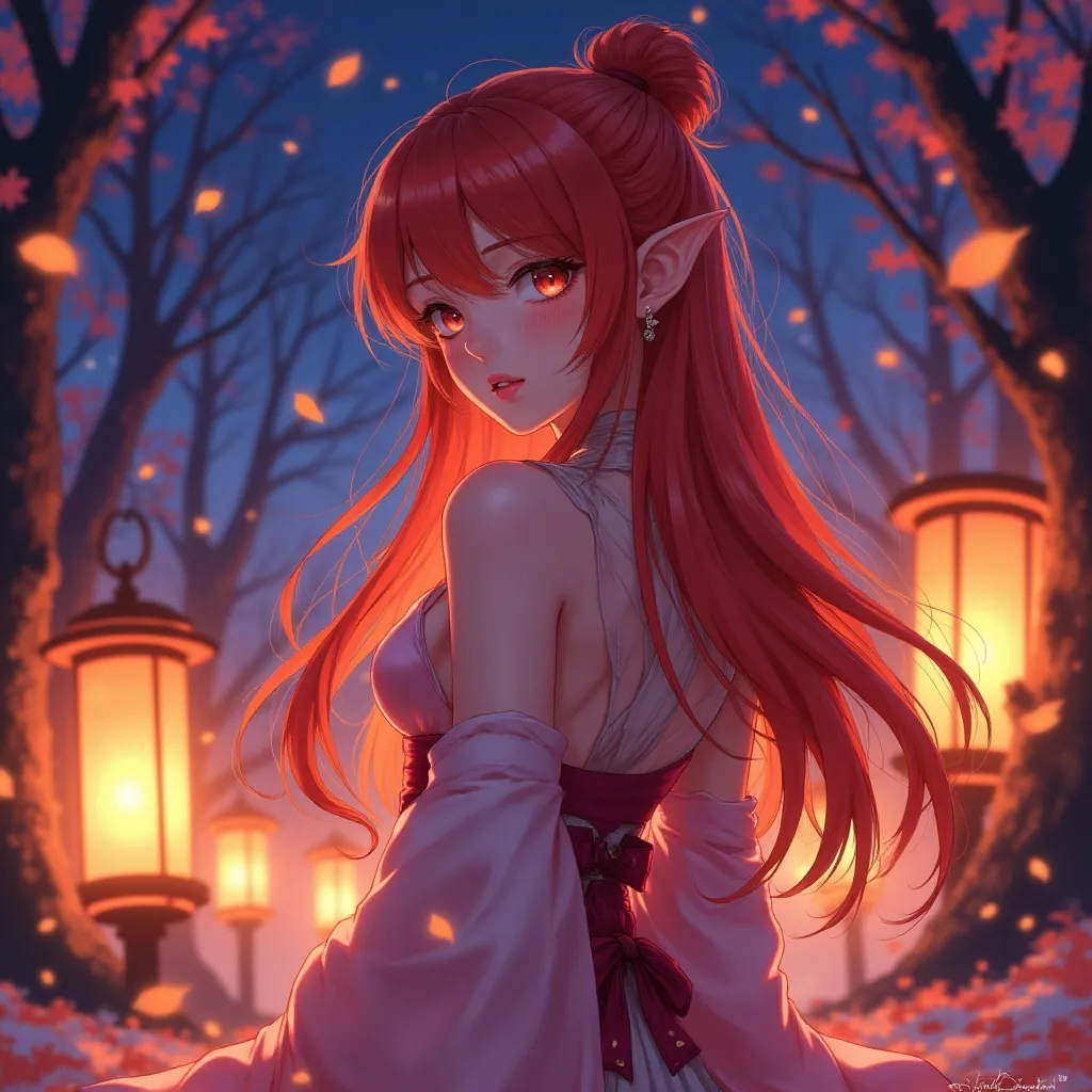 VibrantlySharp style,
3pic_vist4,
animeniji, (romantic soft-palette anime aesthetic), over-the-shoulder angled view at eye level, a red-haired elf in silky ceremonial dress looking toward the viewer with parted lips, twilight glade with falling autumn petals and glowing lanterns