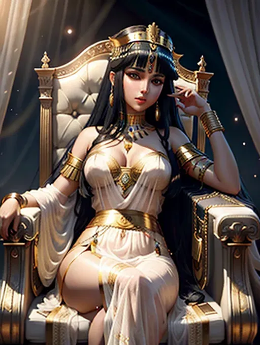 Cleopatra on her throne, wearing sheer linen gown, five fingers per hand, long hair, beautiful face, beautiful lips, curved eyebrows, curved eyelid, pale skin, epic. surreal, smooth, pixiv, studio lighting, cinematic lighting,