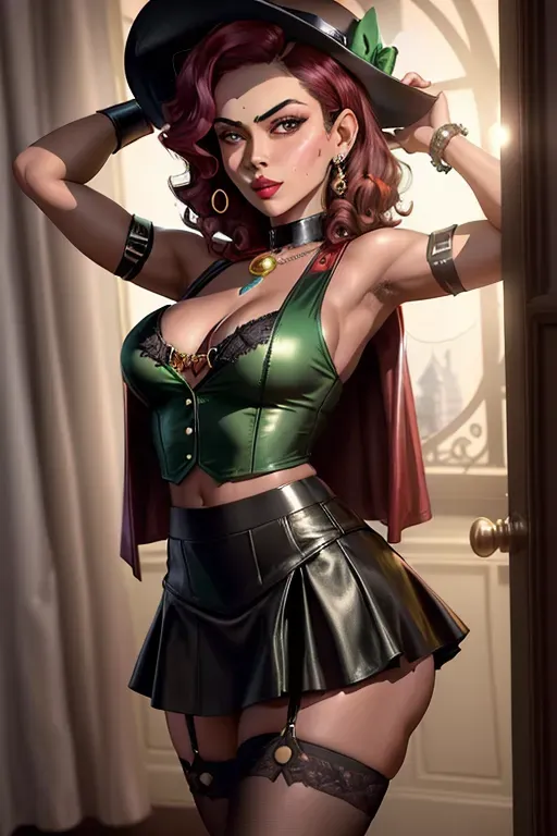 Lilith Madam Satan (Chilling Adventures of Sabrina)
round_nipple_shape, dark_skin, dark_brown_nipple_color, smooth_nipple_areola, (pierced)
Interstellar_scout_uniform, green_vest, (black_short_skirt), green_hat