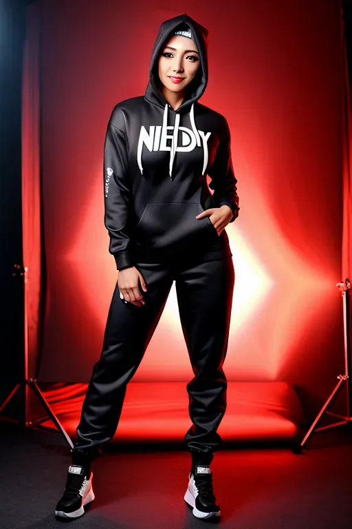 wide shot, 20 year old, an anime girl, muscular, hoodie, black, night club, night, studio light, happy, 8k, professional