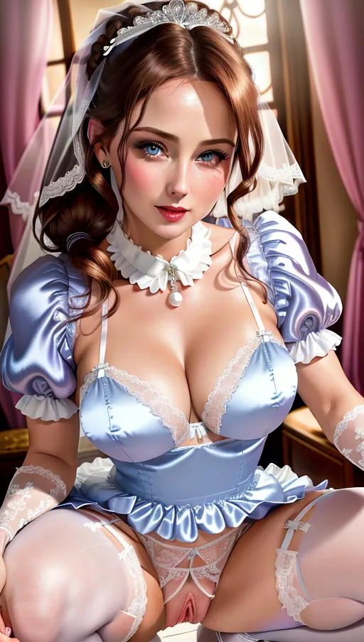 best quality,35 years old, mature, bride, pussy, squatting, inner thighs, nude, blue eyes, pony tail, lingerie store, sexual, antique pink satin wedding dress,((crothless satin pantie)), satin ruffle background, showing pussy, pussy, long pearl necklace, (satin collar dress), (long satin ruffle sleeves), (white sheer stocking), (garter belt), pussy dildo, <lora:crotchless:1>, realistic face,4k resolution, hard nipples, brown hair