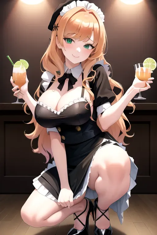 <lora:dpmg_skirt_tug:1>, 1girl, clothes tug, strawberry blonde hair, green eyes, black maid uniform, bar, pale skin, giant breasts, high heels, serving drinks, long hair, wavy hair, masterpiece, best quality, highly detailed, smiling, pov, looking at viewer, miniskirt, showing cleavage, realistic, erotic, squatting