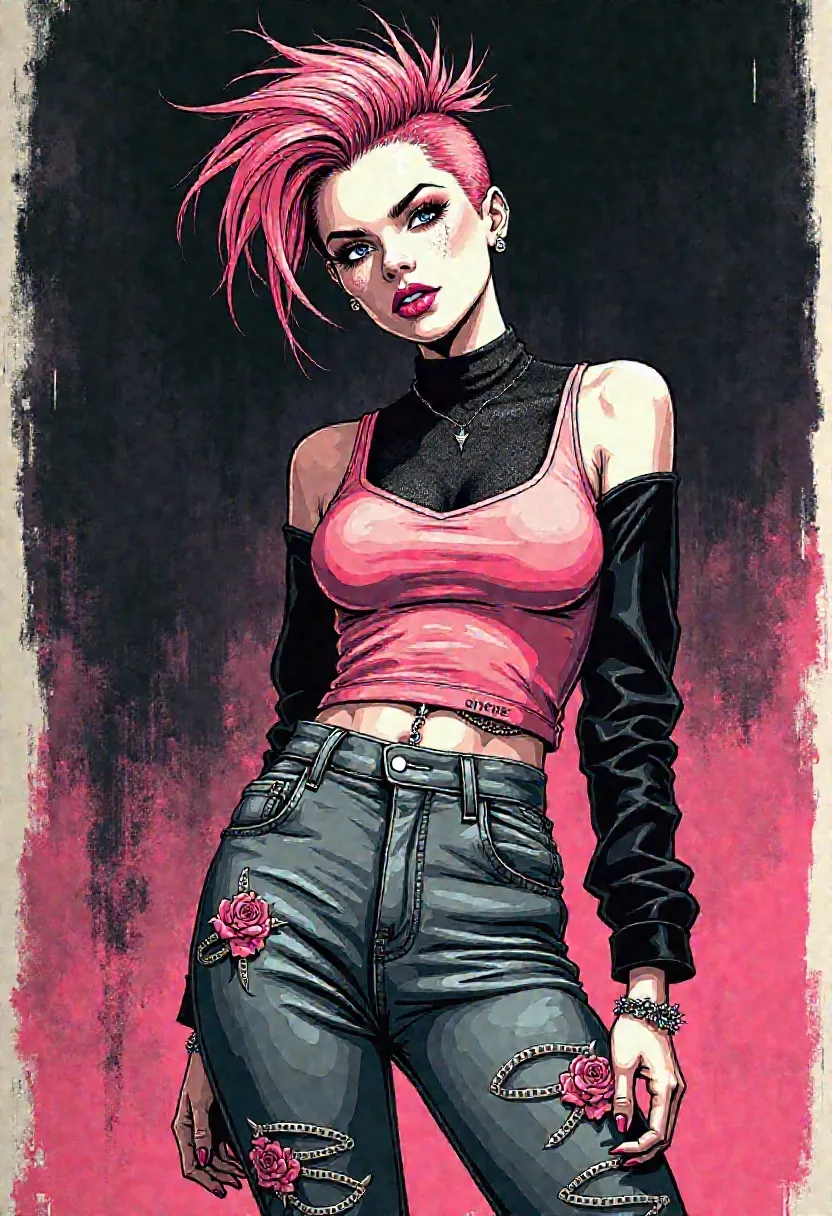 Abbi Rose, punkrock girli with itty bitty chaos and grown-ass posture, rendered in hand-drawn realism with graphic linework and layered surface grit
wiry frame, crazed fauxhawk in faded magenta, razored sides with jagged pixie-tuft crown like static frozen mid-charge, face angular and intense, wide eyes lined in smudged black, lips parted in a feral gloss-smudged grin, neon pink painted over trouble
gray fitted tanktop beneath a fine black mesh long-sleeved top, both layered snug over her frame like street armor
acid-washed jeans fitted and rugged, no rips, stitched with jagged hand-sewn pink roses across the thighs and hip seams, a small silver waist chain draped low on one side like a whispered threat
feet in tall platform-soled Converse All Stars, beat-up and marker-tagged, laces mismatched and sharpied with anti-authority flair
accessorized in punk clutter—chain loops, safety pins, chipped black nails, one spiked bracelet—each detail inked with controlled imperfection, body angled off-center in mid-frame, hip cocked, eyes locked, a girli lit by tension and rendered in bold strokes and deliberate contrast
