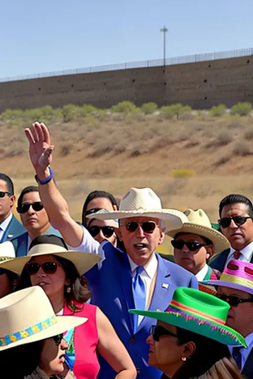 Joe Biden, at the southern border wall of the United States near Mexico, wearing a very large colorful Mexican sombrero, mirror aviator style glasses, waving people to come in to the United States, Illegal immigrants in the background, he is surrounded by illegal immigrants