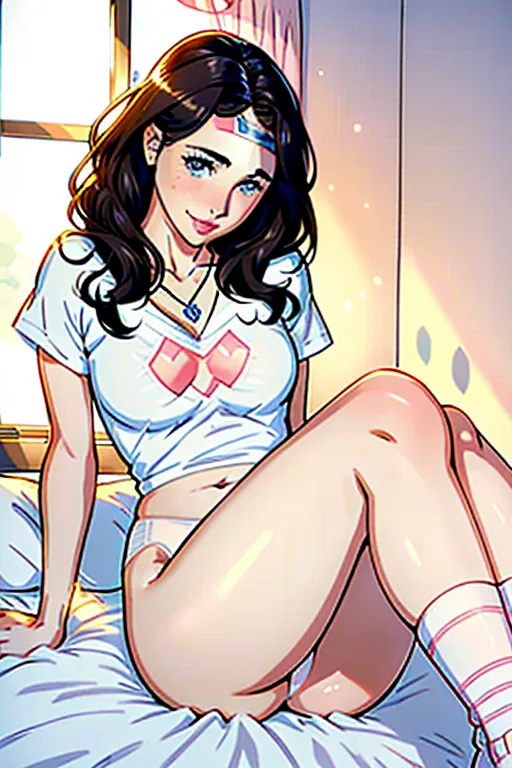 Gal Gadot, Christian, married, Brunette, hair pinned up, thick eyebrows, blue eyes, cute nose, soft cheeks, full lips, orgasmic smile, cute chin, freckles, sender figure, cute breasts, Bubble butt, full thighs, cute feet, cross necklace, solid oversized loose fitting (white) crop top, v-neck, Pink panty briefs, long pink stockings, cameltoe, her hand rubbing her panties gently, sitting, on the side of the bed, inviting me, wanting me, wanting to procreate, high definition, 4k quality, excellent lighting, great shading, pristine detail, very clear picture, beautiful vibrant colors, accurate at lower prompt guidence, ultra realistic, five fingers per hand.