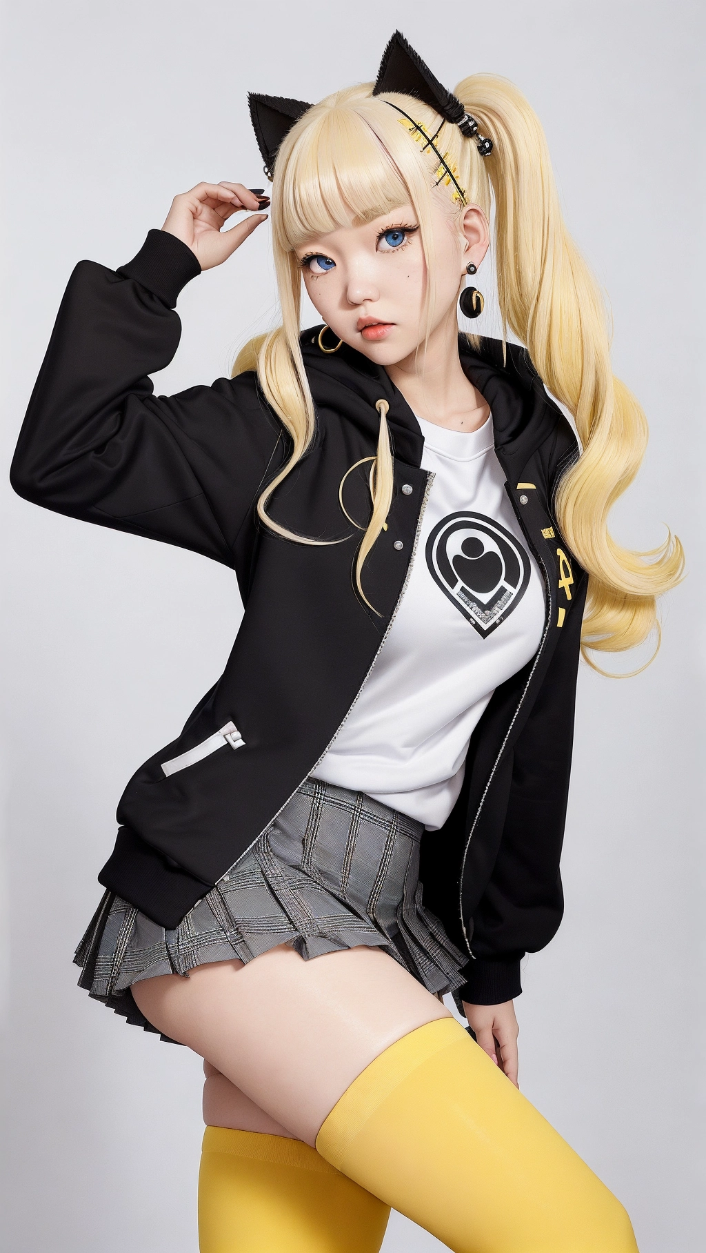 Ann Takamaki.
Ann is wearing her standard Shujin Academy uniform, which consists of a black blazer over a white varsity-like hooded sweatshirt, a short plaid skirt, and brown boots with yellow laces. She also has red leggings on and small circular earrings in both ears. Her wavy platinum blonde hair is styled in bushy pigtails with parted side bangs on the right side of her face where she accessorizes with a single yellow hair clip above her left ear. She has bright blue eyes and a curvaceous figure. Ann is currently adjusting her outfit and twirling around a bit to show off her look.