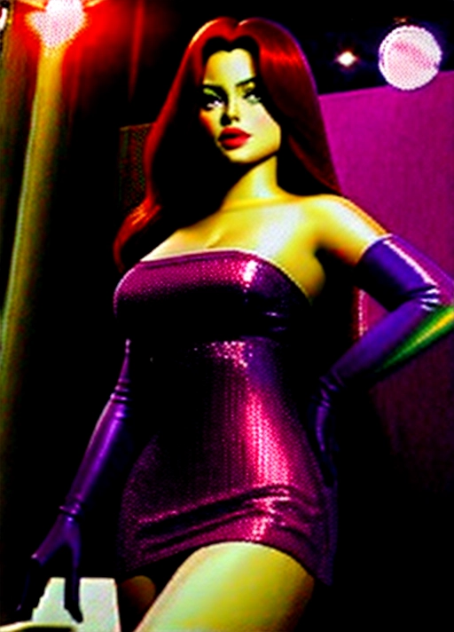 ((a teenaged Jessica Rabbit)), from Who Framed Roger Rabbit, (((hair covering one eye))), red sequin miniskirt, exposed midriff, large breasts, athletic body (((red sequin tube top))), ((purple elbow-length gloves)), high definition, sharp picture, clear picture