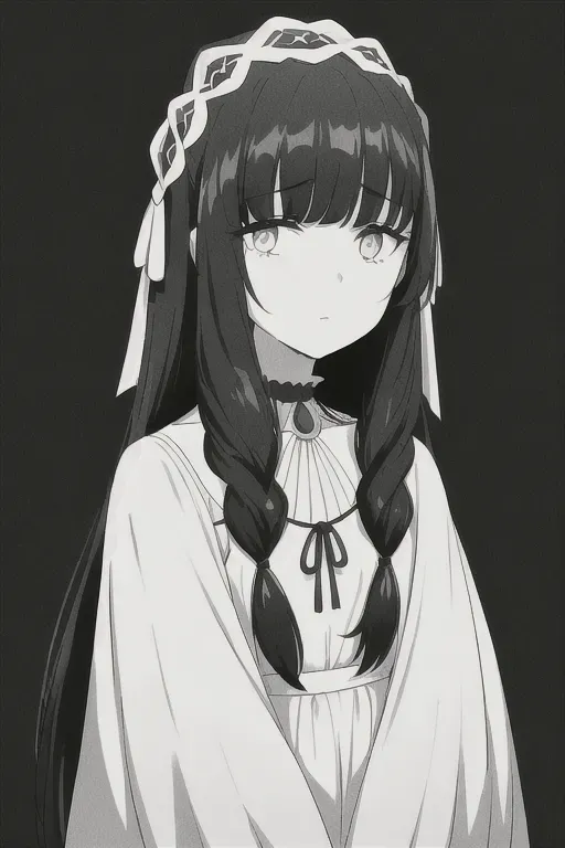 A child In a black and white gradient kind of photo, black hair, pure white skin, white eyes, wearing a dress from the 1840s, she looks sad, her surroundings are colored black and white, she has a black necklace on, very detailed, beautiful,