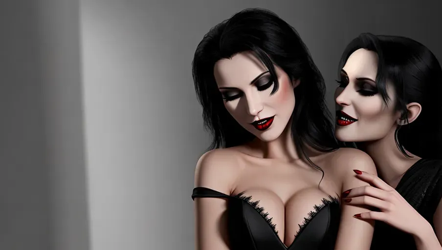two figures in a dark and foggy goth club. An evil sexy sensual slightly taller dominant female black straight haired vampire with a wide toothy predatory smile, taking her human victim in her arms caressing sexually arching over as she bites the neck of her victim
fearful and seeking to escape, Innocent, good girl with light reddish-auburn gentle wavy hair, light make-up, good girl mid-twenties Anna of Arendelle, entranced lips agape in horror, eyes half closed in a modest elegant soft green Nordic ballgown.
photorealistic. High resolution