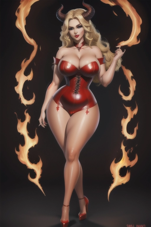 full body image, demoness of lust, bimbo, voluptuous, thick thighs, wearing high heels sexy, submissive, blonde hair, firey red eyes, full lips, small chin, thick figure, huge breasts, thin waist, curvy hips, thick ass, full thighs, wearing a pink blouse,((high definition)), ((4k quality)), ((excellent lighting)), ((great shading)),