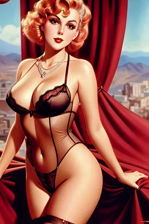 a colour painting of, a young Kim Novak,wearing lingerie,shooting from a high point,at the convenient store,amazing breasts,five slender fingers,wavy curtain bang,gorgeous face,beautiful lips,black eyes,curved eyebrows,curved eyelid,pale skin,wearing necklace,unreal engine,editorial,cgsociety,sharp focus,pixiv