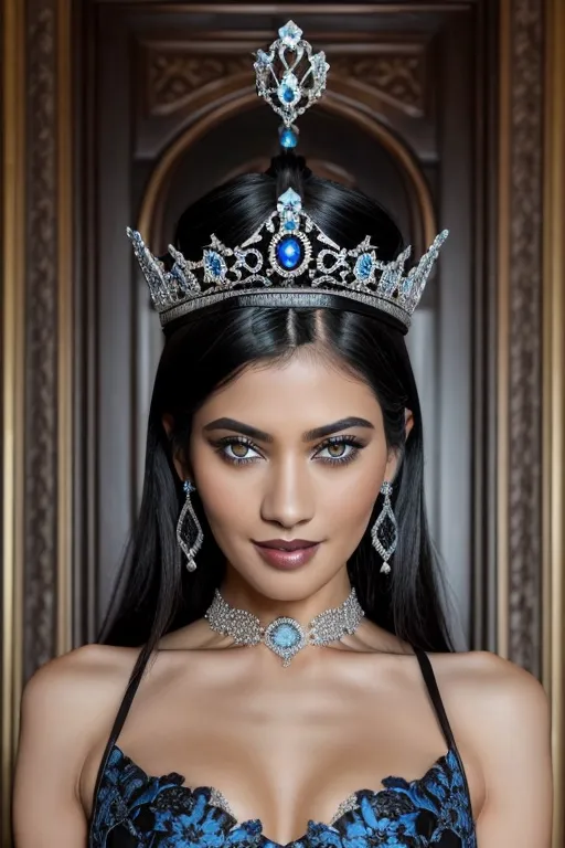 (((a highly detailed closeup portrait photograph of a thin gorgeous skinny princess)))((((black hair))))((((blue irises)))), full makeup , wearing an opulent crown, ((looking into the camera lens)), ((inviting smile)), (((sexy smile))), sexually aroused , (((seductively suggestive immodest pose))), ((((black deep plunge coronation dress)))), ((showing cleavage)), ((large natural breasts)), (sexually excited), beautiful eyes, opulent jewelry, elegant throne room