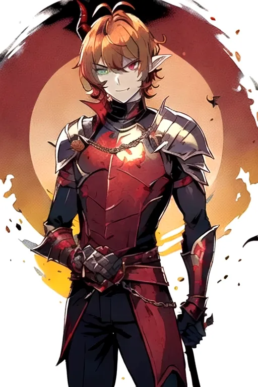 best quality, masterpiece, solo, solo guy male tiefling, bright golden brown
hair, heterochromia, green eye, red eye, determined look in eyes, golden brown color hair, curled horns devil, hell armor, holding battleaxe, shield, chrome shiny battleaxe, androgynous haircut, imp demon , dark paladin, chain main shirt, battle axe wielder, warrior, warrior of hell, demon tiefling, hell red power, curled horns, illrigger, armored, 1 male tiefling only, demon, flat chest, posh , leather armor, well groomed, elf ears , jackal imp creature , horns, armored jacket, solo, sharp jagged tail, humanoid, masterpiece, colorful shirt, short length hairstyle single strand of hair curls on top of head, antenna hairstyle imp demon, ,cute look in eyes, imp demon ,red horns, heterochromia, masterpiece anime style