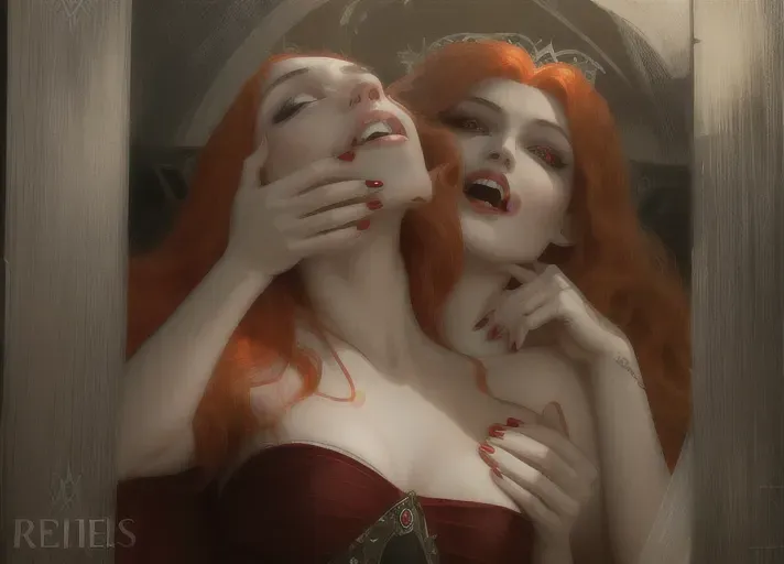 Sexy beautiful vampire adult auburn-haired Queen Anna of Arendelle rising from her royal coffin on Halloween. Her red eyes aglow with unholy thirst as she bares her long sharp fangs with an alluring smile tainted with hunger. A thirst she seeks to quench as she hypnotizes and embraces her still human sister from behind, platinum blond Elsa of Arendelle, sinking her fangs into the neck of her good kind innocent sister. photorealistic. High resolution.