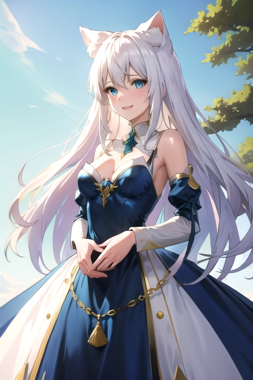 best quality, highres, ultra-detailed, neko, nekomimi, neko_ears, neko_tail, ((white_hair)), blue-green_eyes, upper_body, lower_body, small_breasts, cleavage, very_long_hair, (((detailed hands))), (((18))), aduld, highly detailed, wide shot, , (((correct anatomy))), blue_dress, (((long_dress))), ((wide_clothes)), ((small_thighs))), adventurer_outfit, thin, ((sfw)), safe_for_work, <lora:dpmg_violet_evergarden:1>, elegance, wedding_dress, snowy_landscape, happy_smile