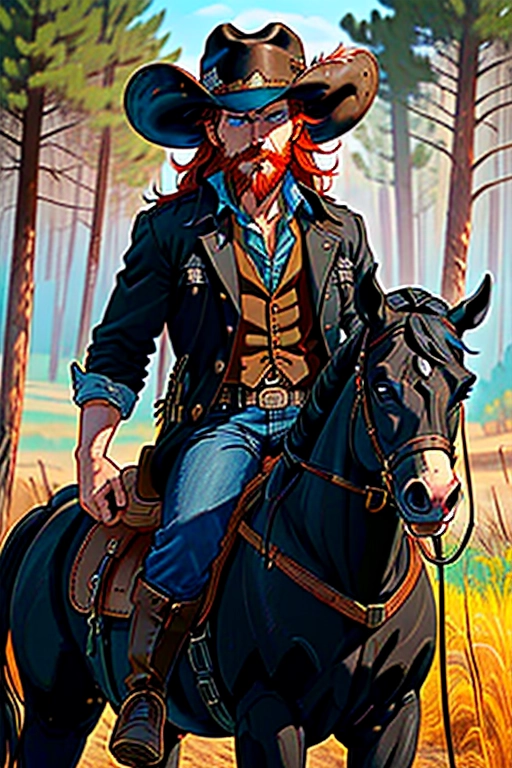 Old wild west, A badass cowboi riding his badass horse, US Marshall, black cowboi hat with white band and a feather, red hair, red beard, sharp blue eyes, gritting teeth, strong chin, strong build, black cowboi outfit, long brown trench coat, black boot cut pants, two six shooter revolver pistols, two gun holsters, gun belt with bullets line in, black cowboi boots with spurs, riding in the saddle of his black horse, a black stallion, in the forest, fending of a pack of wolves, ((high definition)), ((4k quality)), ((excellent lighting)), ((great shading)), ((pristine detail)), ((really clear picture)), ((beautiful vibrant colors)), ((accurate at lower prompt guidence)), ((ultra realistic)), (((five fingers per hand))), (((two arms per person))), (((two legs per person))),