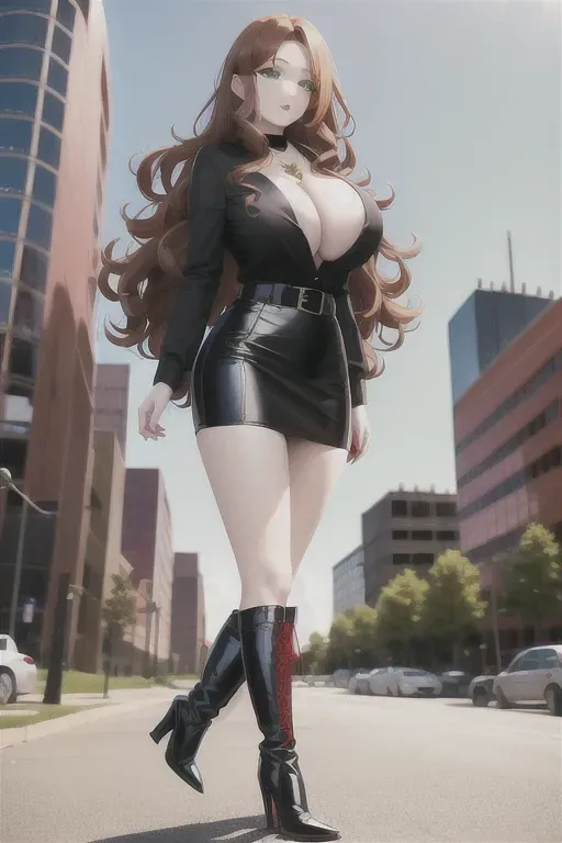 full body, chestnut hair, green eyes, short girl, red miniskirt, black high heel boots, looking at viewer, long hair, pale skin, black necklace, black blouse, 24 years old, giant breasts, cute face, pov, wavy hair, city environment, Oklahoma City