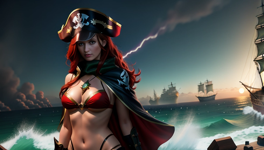 Miss Fortune league of legends
night time
green eyes
pirate ship battle
8k
ultra realistic picture
dark red bikini
small tatoo
cape