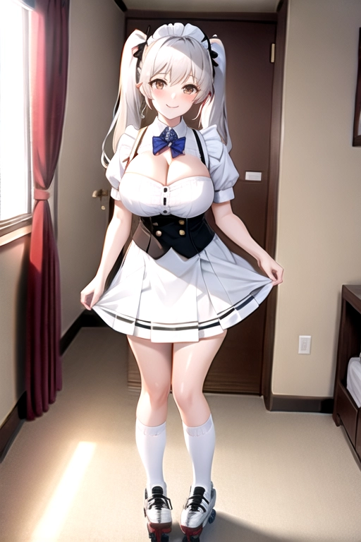 8k quality, brown eyes, pale white skin, white hair, giant breasts, cleavage, looking at viewer, pov, long hair, wavy hair, standing in bedroom, maid uniform, roller skates, miniskirt, pigtails, full body photo, smiling