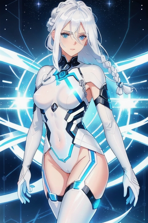 White hair in a braid, blue eyes, elden ring, erotic, high detail, 4k, celestial, holographic, small breasts, mature, android