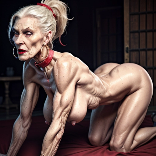 Dirty skinny old granny, very wrinkly, bent over to fuck, evil looking face, extremely skinny and muscular, high cheekbones, very red lipstick, huge wet cunt, collar, large hoop earrings, hair tied up in ponytail, very wrinkly skin, huge fake tits, naked, heavy makeup, very old and skinny, wrinkly body, pale, on all fours, fucked from behind, cum face, drooling from mouth