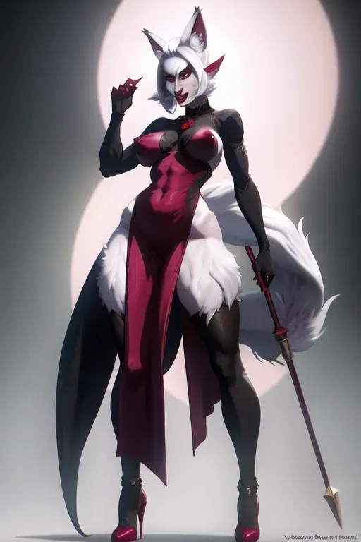 <lora:dpmg_arcane:1>, woman with a nose, wolf ears, wolf tail, long white hair, red eyes, black dress, small breasts with small nipples, naked, pink nipples, HDR,8k resolution