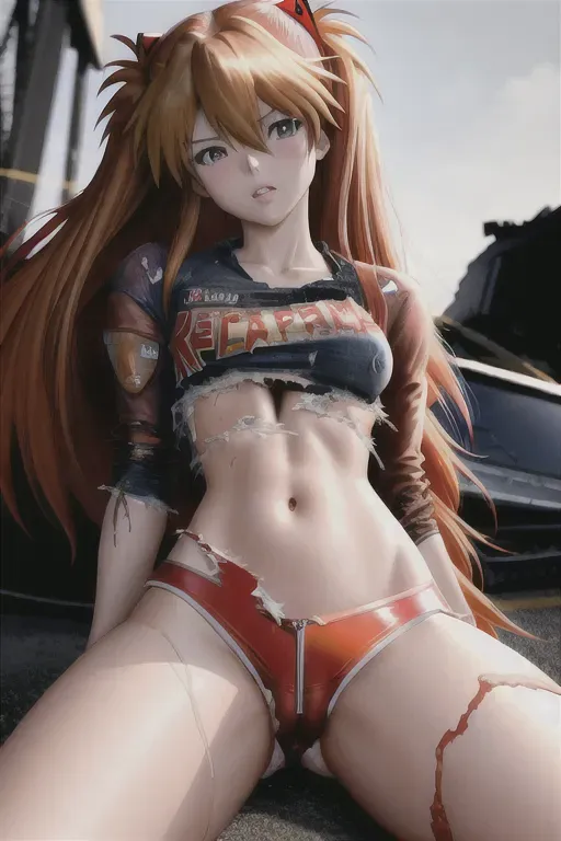 asuka langley from neon genesis evangelion in a ripped and shredded uniform in front of an exploding wreck, naked, apocalyptic, beautiful lips, detailed large eyes, curved eyebrows, textured skin, pixiv, ultra realistic, cinematic lighting, smooth, sharp focus, skinny, 30, german, blue eyes, auburn hair, bangs, cyberpunk, mecha, (ripped clothes:1.6), (asuka langley:1.2), nsfw