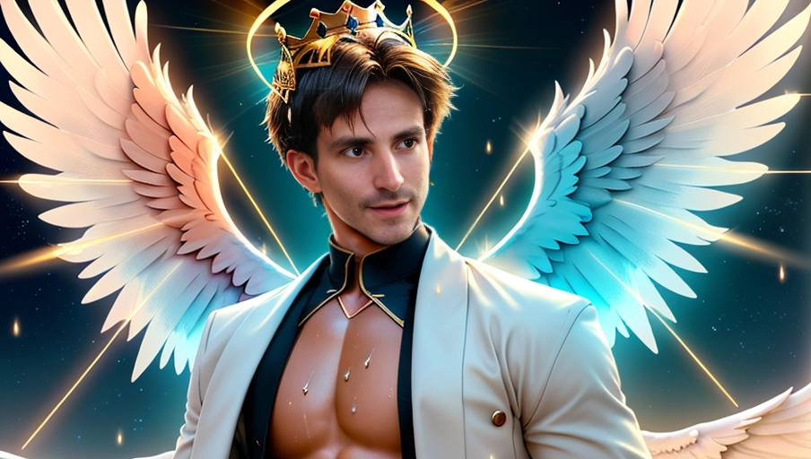 a 64k high detailed photo of body shot of straight male HDR Professional ((In clothing))) ((Has Attire)) Godly Ultra Detailed Best Quality Most Detailed ((Angel Wings)) Angelic Lighting Love Hope Magic casting Crown Smiling King happy Glory Warrior Angels Angelics Positivity Happiness ecstasy enraptured sweaty saving God Royalty Morality Goodness True Good Power Force Authority Ethical Saviour orgasm face Halo short Hair Always and Forever Sentimental in heat hot ultra hot best best lighting tantric Neutral Brilliant Logical Compassionate Perfect Perfection Exciting Integrity Winged Courage Purity Harmony Beauty mark on upper lip ((Male)) Ethereal Lighting Celestial Lighting (((With Clothes))) ((With God Item)) ((God Tech)) with items of power God Wings