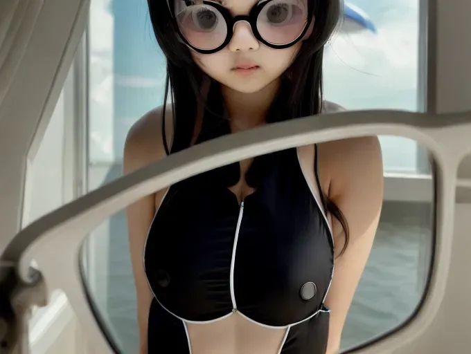 Anime girl slender beautiful, wearing black one piece swimsuit, 1st person view staring at girl see through glasses