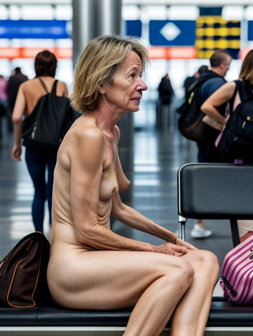 a naked middle aged lady, realistic face, is having sex in public with her girlfriend in a crowded airport