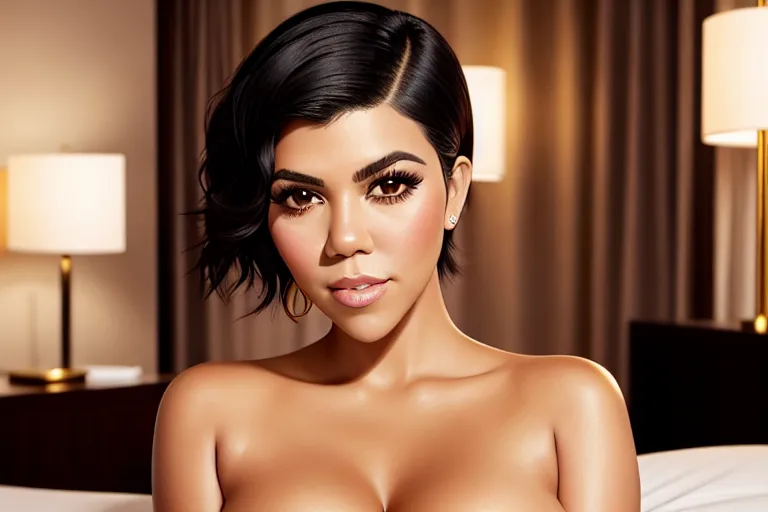a illustration of,kourtney kardashian,naked,in a hotel room,big breasts,five fingers per hand,short hair,beautiful face,beautiful lips,detailed large eyes,curved eyebrows,curved eyelid,pale skin,joyful,wearing golden ring,surreal,smooth,bokeh,studio lighting,ultra realistic