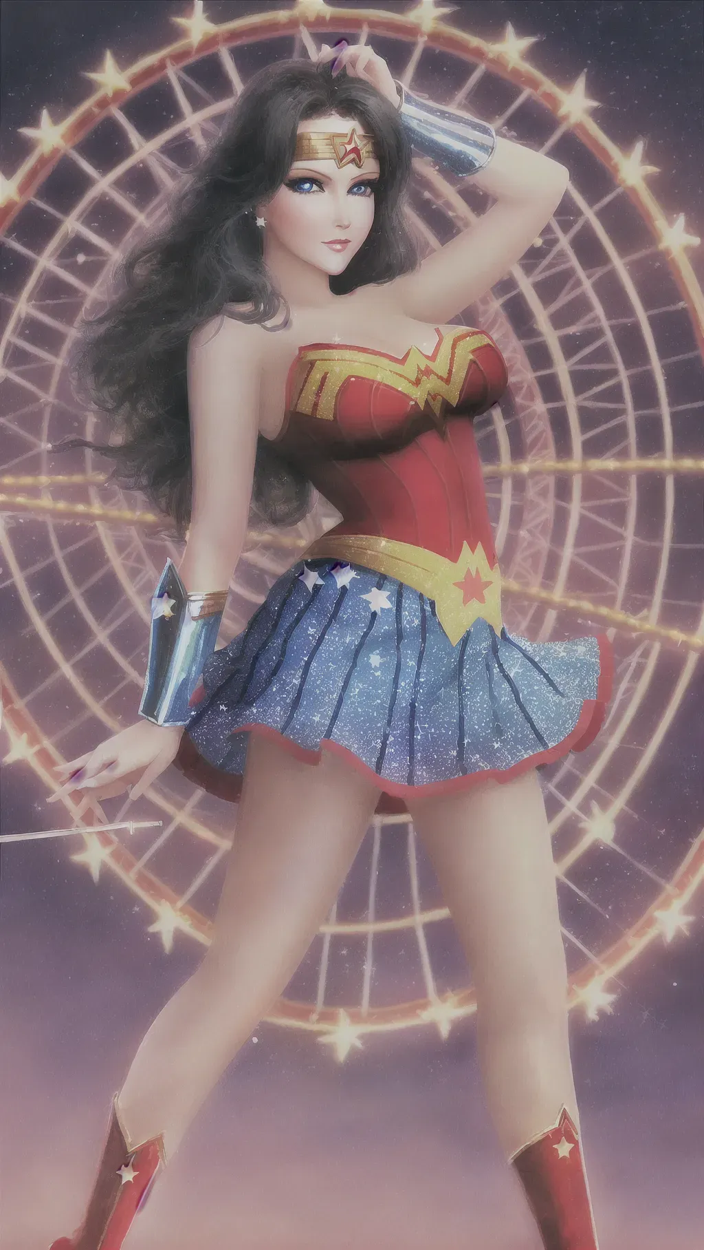 A digital painting of Wonder Woman high res crisp detail beautiful sparkling eyes, soft chin, round breasts, lynda carter, the background is a carnival with ferris wheel in distance, stars on skirt, detailed fingers, flowing black hair, kissing lips, soft eyes, stiletto high heels, detailed arm