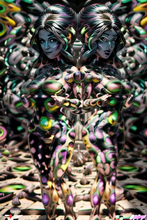 photorealistic and surrealistic film in a comic illustrations style by Mike Deodato, (interesting unique diverse complex character design that is a woman:1.2), (photorealistic detailed face:1.1), (classic stereotypical over tuned retro comics body shape and anatomy),
big variation of colors , smooth pencil brush to create a composition of vivid colors, thick black outlines, flat shading, minimal highlights ,interesting detailed Foreground and background depth are clear giving visual complexity to the scene