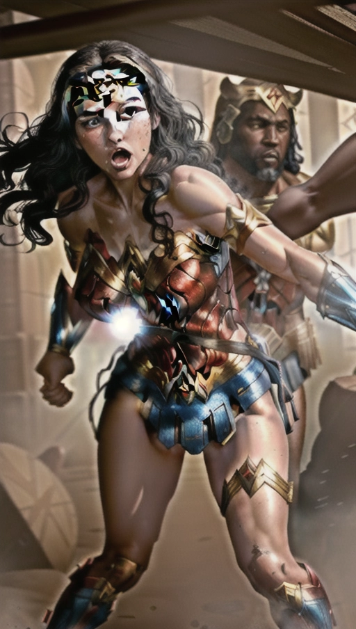 an explicit depiction of ((Wonder Woman getting fucked by a huge black man)), 1 female, 1 black male, fucking, sex, cowgirl, spectators, (cock fully inserted in pussy), balls deep, cum oozing between her legs, cum on her moth, interracial, (((tears in her eyes))), bruises on her arms