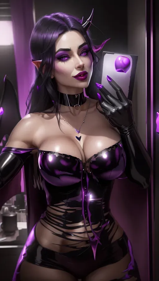 perfect boobs, perfect body, 20, seductive, succubus, charming, magic force, corrupted, corruption, demon wings, demon tail, latex, heart choker, heart necklace, purple heart nipple patches, heart, black hair, bodysuit, symbiote, horns