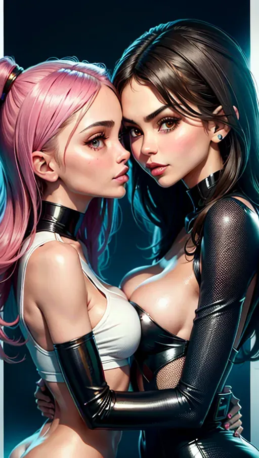 2 girls, best quality, (((ultra high res))), (detailed face and eyes), ((Victoria Justice and Kylie Jenner kissing)), ((face closeup)), single, perfect breasts, giant tits