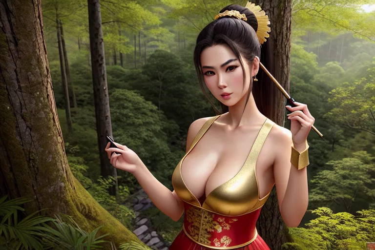 a illustration of,a sweden girl,wearing chinese costume,shooting from a high point,in the forest,natural breasts,five fingers per hand,ponytail,gorgeous face,beautiful lips,brown eyes,curved eyebrows,smooth skin,satisfaction,wearing golden ring,cgsociety,surreal,ultra realistic,professional,highly detailed