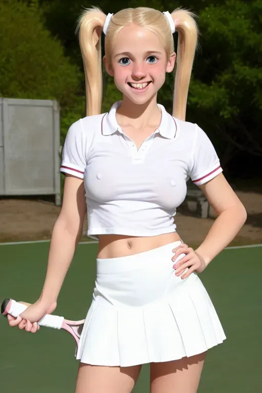 very cute 19 year old, blond hair, pig tails, petite, very slim, very small breasts, wearing a white tennis skirt, little white socks, a white tennis shirt with the top buttons unbuttoned, happy, flirty, tanned, standing, athletic, can see calf muscles, mischievous look in her eyes, flirting with you